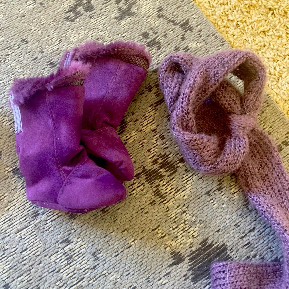 American girl doll-sized boots and scarf
